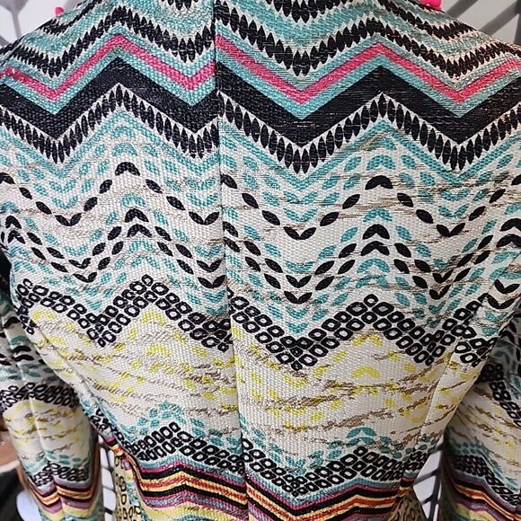 Holly Bracken Womens Blazer Jacket Sz Small Yellow Blue Chevron Print Zip Front - Picture 9 of 12